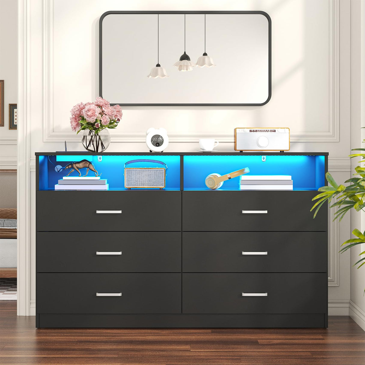 Bigbiglife Dresser for Bedroom, 6 Drawer Dresser with Charging Station and Led Light, Modern Chest of Drawers for Bedroom, Living Room,Black Bigbiglife