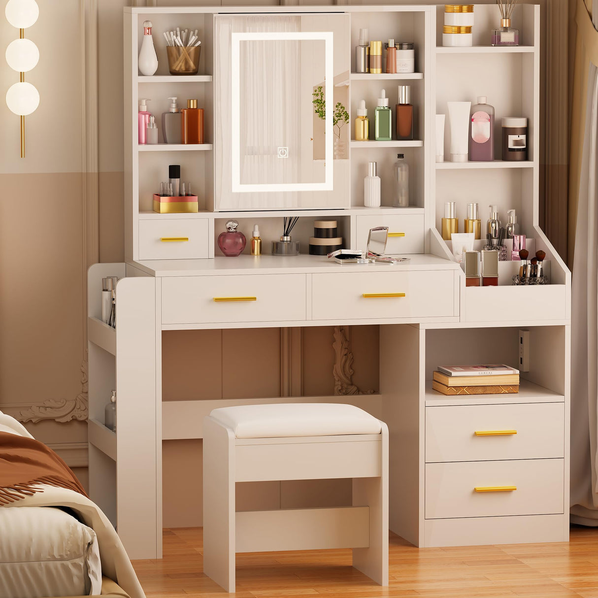 BEWISHOME White Vanity Desk with Mirror and Lights,Large Vanity with 3 Lighting Modes,Drawers,Open Storage,Makeup Vanity Set Makeup Desk Dressing Table,Big Vanity Table with Charging Station FST25W BEWISHOME