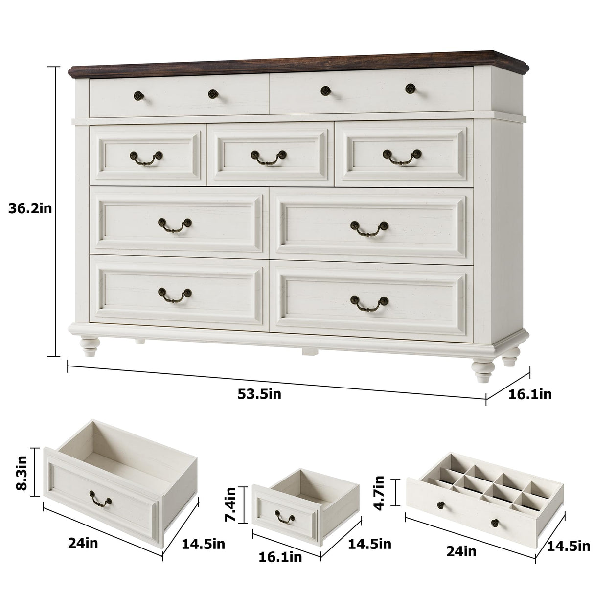 Jocoevol Cream Farmhouse Dresser for Bedroom, 9 Drawer Chest of Drawers, Tall Dressers for Bedroom Storage, Dresser for Closet, Dressers & Chests of Drawers (Cream, 53.5" Wide) Jocoevol