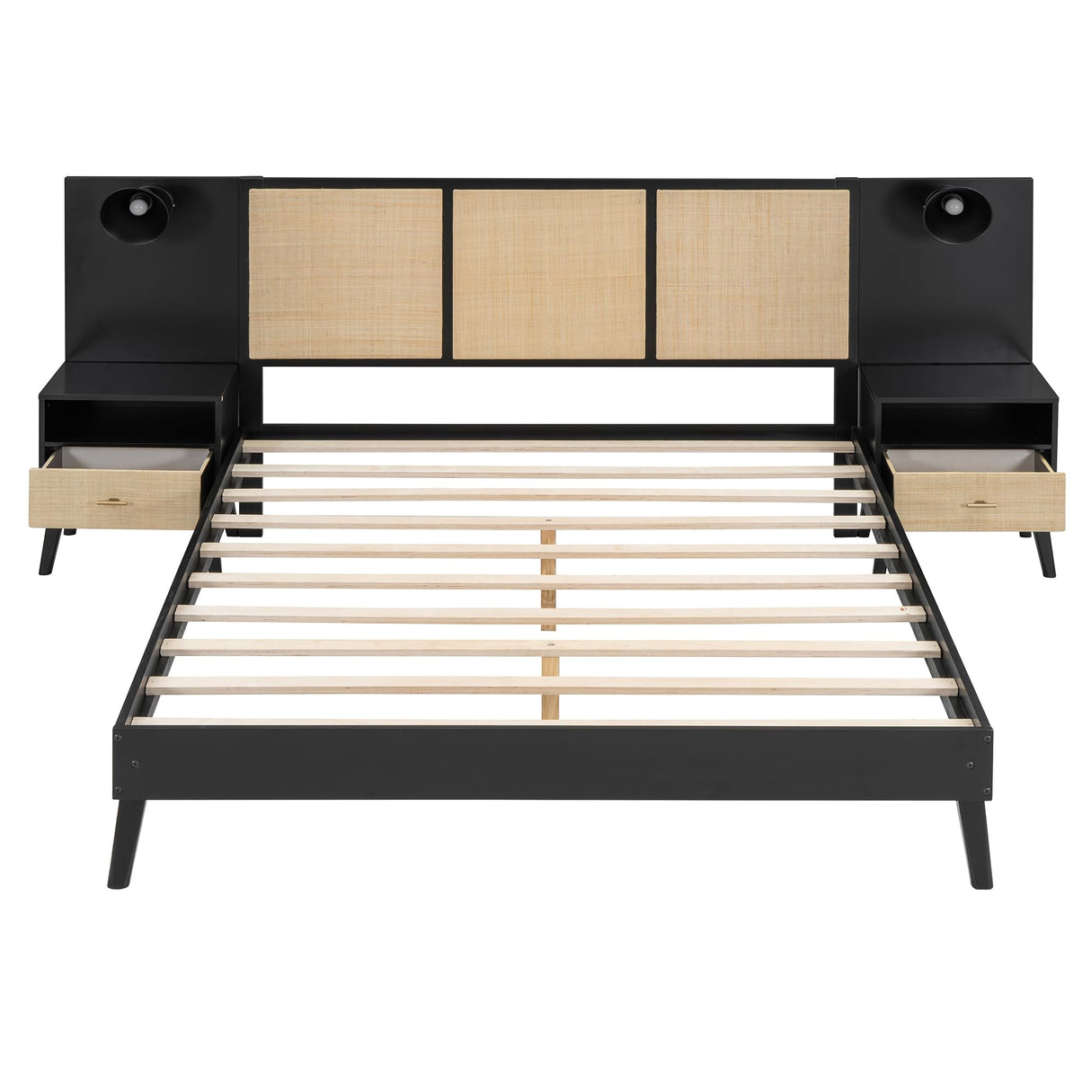 Queen Size Platform Bed Frame with 2 Nightstands, Wooden Queen Bed Frame with Lamps, Elegant Design, Rattan and Wood Combination, Black Harper & Bright Designs