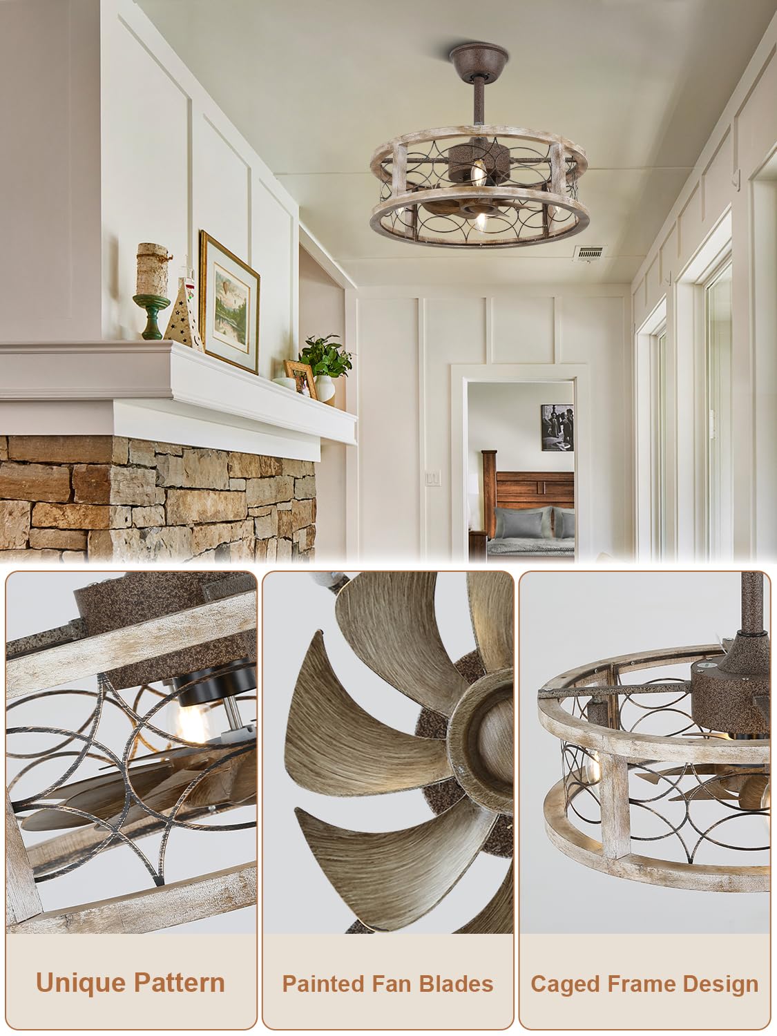 Curve Curio Caged Ceiling Fans with Lights, 18 Inch Farmhouse Ceiling Fans with Lights and Remote, Rustic Industrial Fandelier Ceiling Fan Enclosed for Bedroom Curve Curio