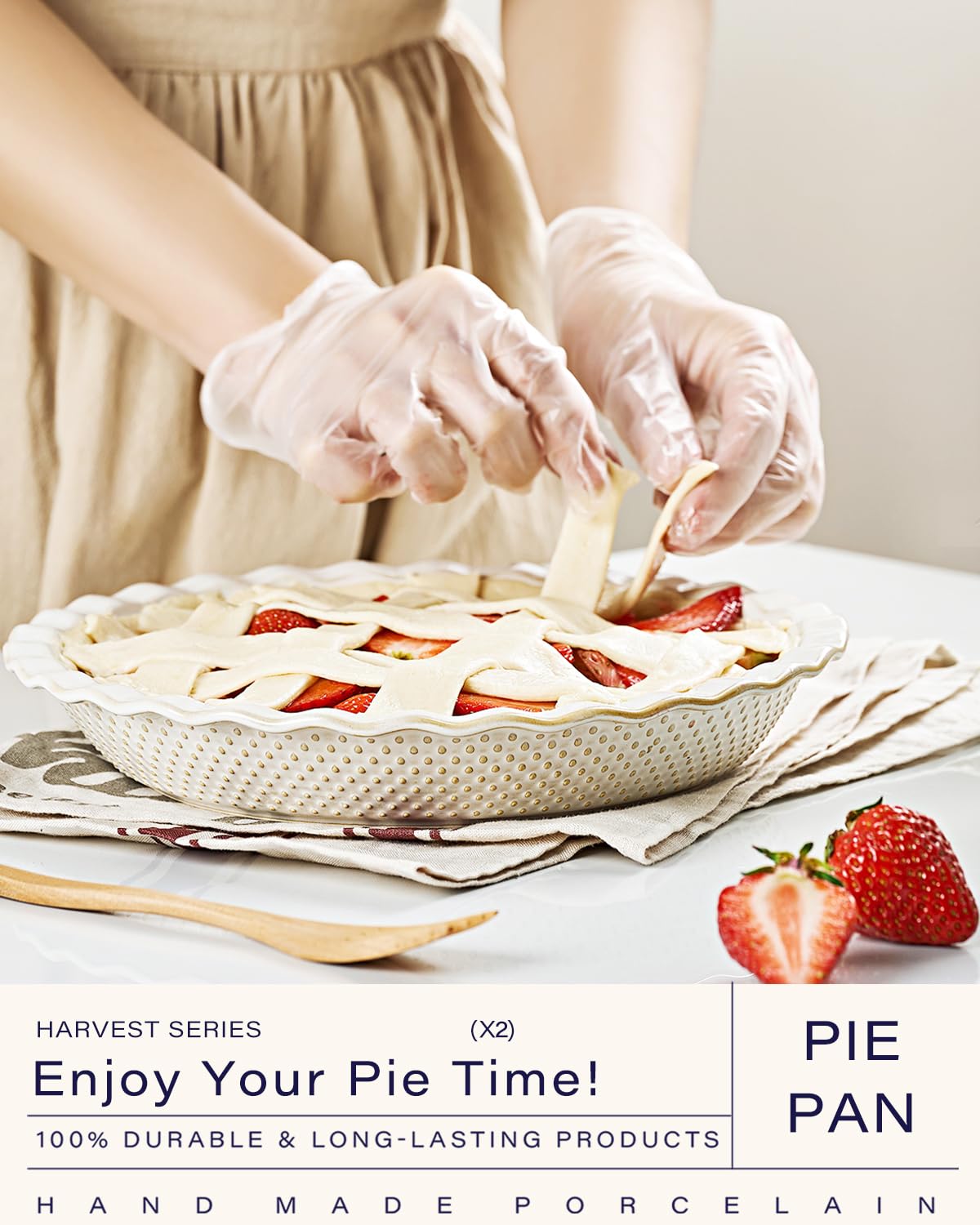 getstar Ceramic Pie Pan Set of 2, 9 inch Pie Dish for Baking, Non-Stick, Oven & Dishwasher Safe, Farmhouse Decor Quiche Baking Dish, Pie Plate, Deep Dish Pie Pan (Embossed Stripes+Dots) getstar