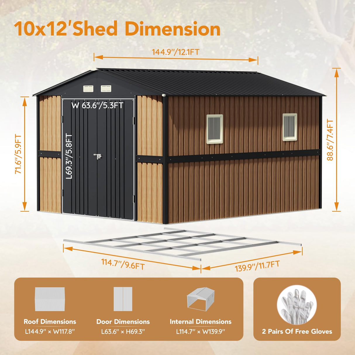 Panovue 10X12 FT Outdoor Steel Storage Shed with Lockable Doors, 2 Windows, Garden Shed Ideal for Backyard, Patio Storage,Chicken Coop(Wood Panels & Frame Floor Not Included) Panovue