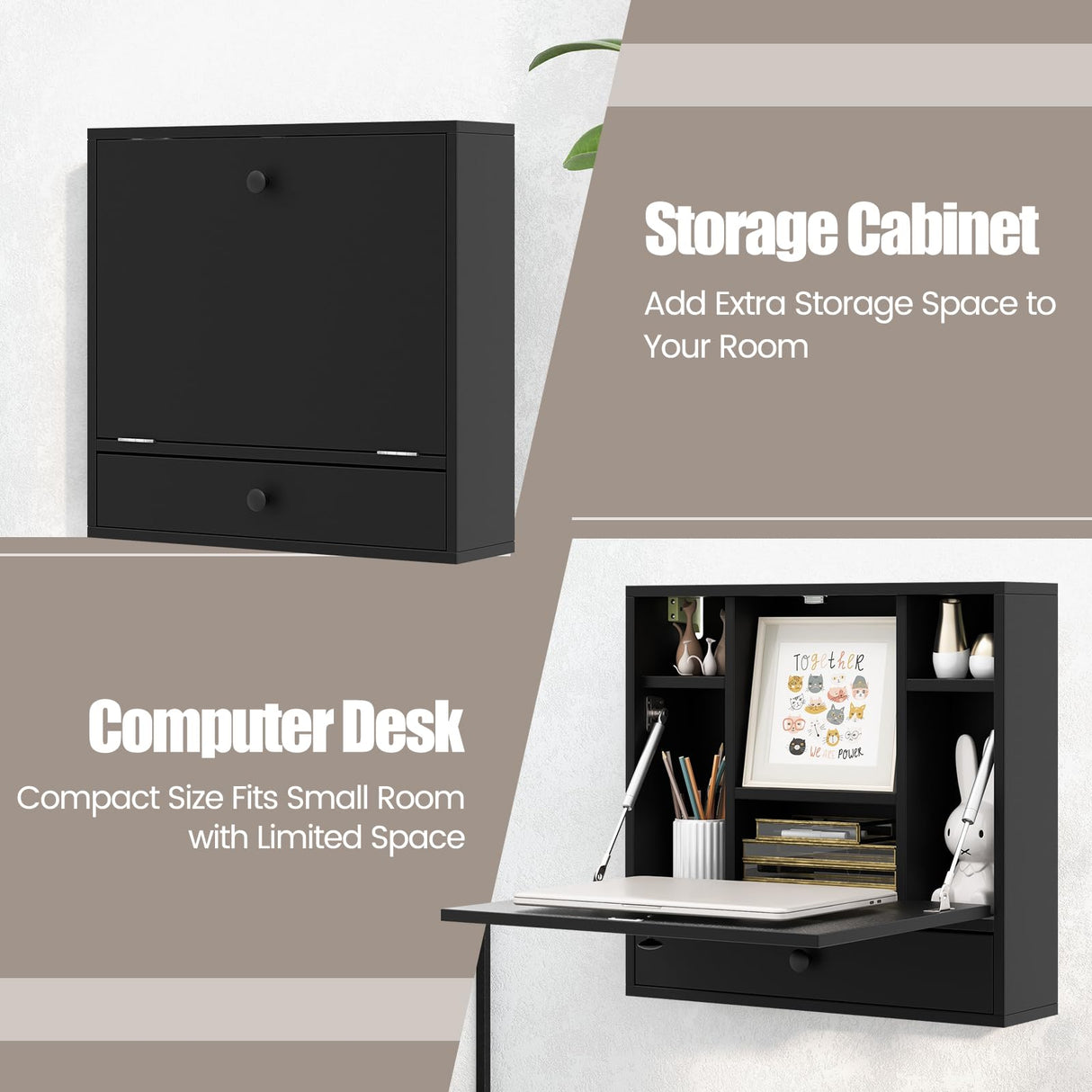 IFANNY Folding Wall Desk, Wood Wall Mounted Desk with Storage Drawer and Shelves, Fold Down Wall Mount Laptop Desk, Corner Floating Desk for Small Spaces (Black) IFANNY