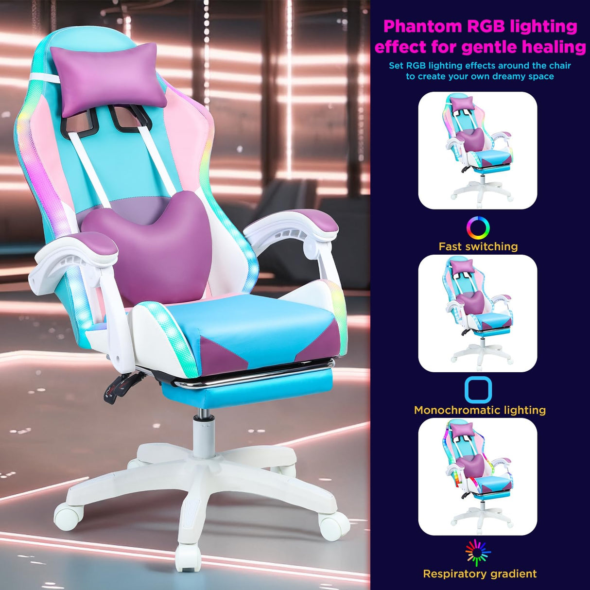 pofluany Gaming Chairs for Adults, Computer Chair, Gaming Chair with RGB LED Lights, Girl Video Chair, Ergonomic Computer Chair with Massage and Footrest, Reclining Video Game Chair for Adult Purple pofluany