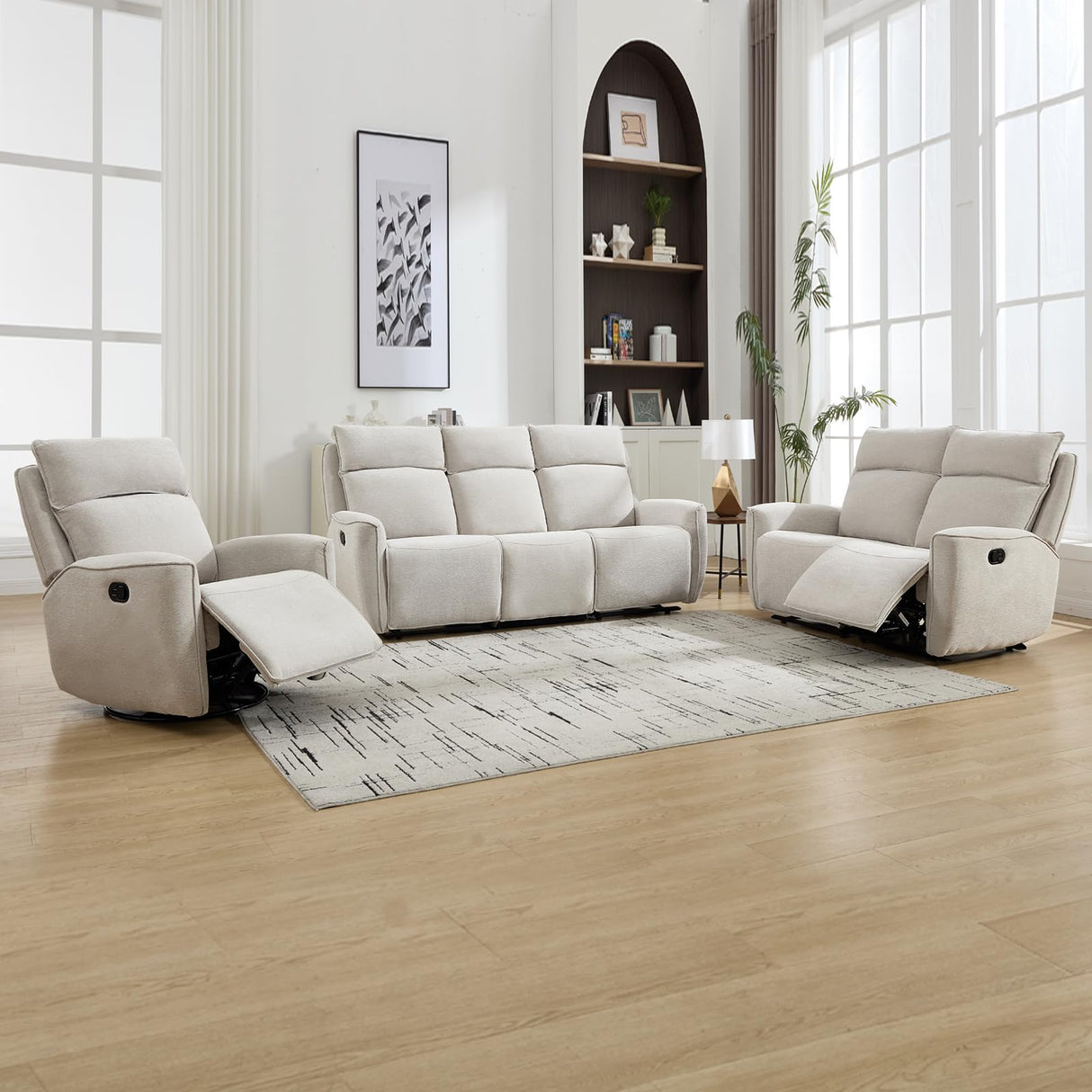 INZOY Manual Loveseat Recliner Sofa Set, Wall-Hugger Reclining Living Room Furniture Set, Chenille 2-Seater Recliner Chair and 3-Seat Reclining Sofa Couches for Office, Villa, Beige,2+3 INZOY