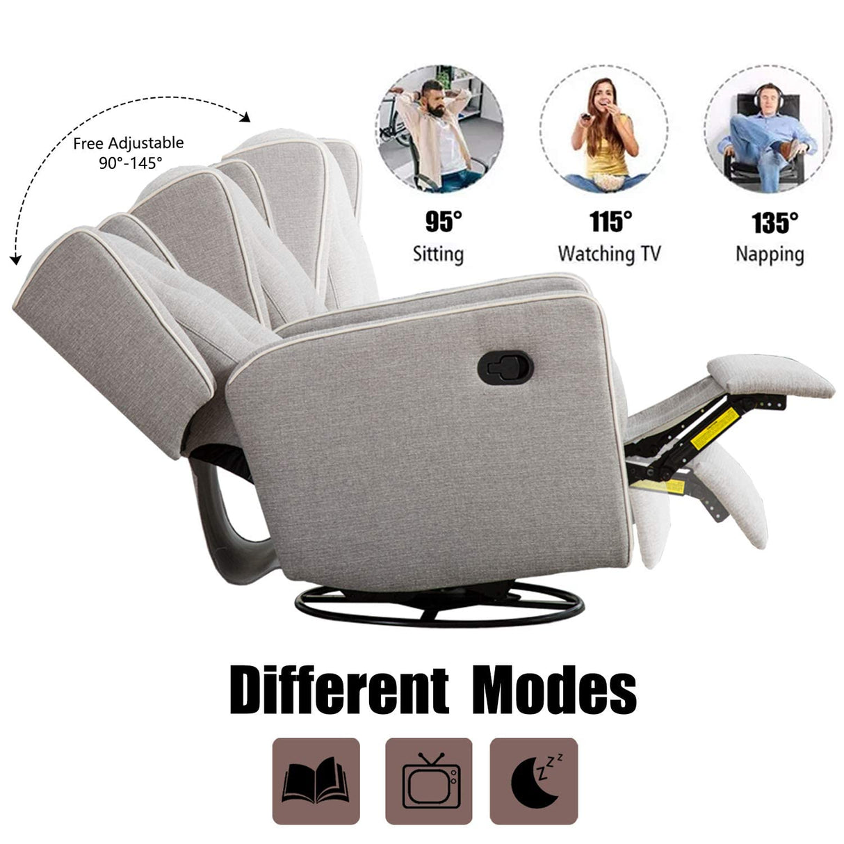 CANMOV Swivel Rocker Recliner Chair, Nursery Glider Chair, Nursery Rocking Chairs, Manual Reclining Chair, Grey CANMOV