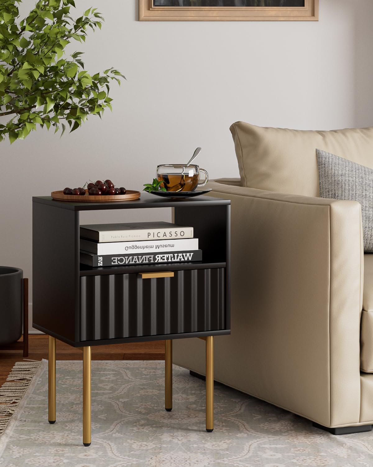 Aienvey Nightstand,Modern Bedside Table with Gold Frame,Black Night Stand,Bedside Furniture, Modern Side Table with Drawer and Shelf for Bedroom,Living Room (Black) Aienvey