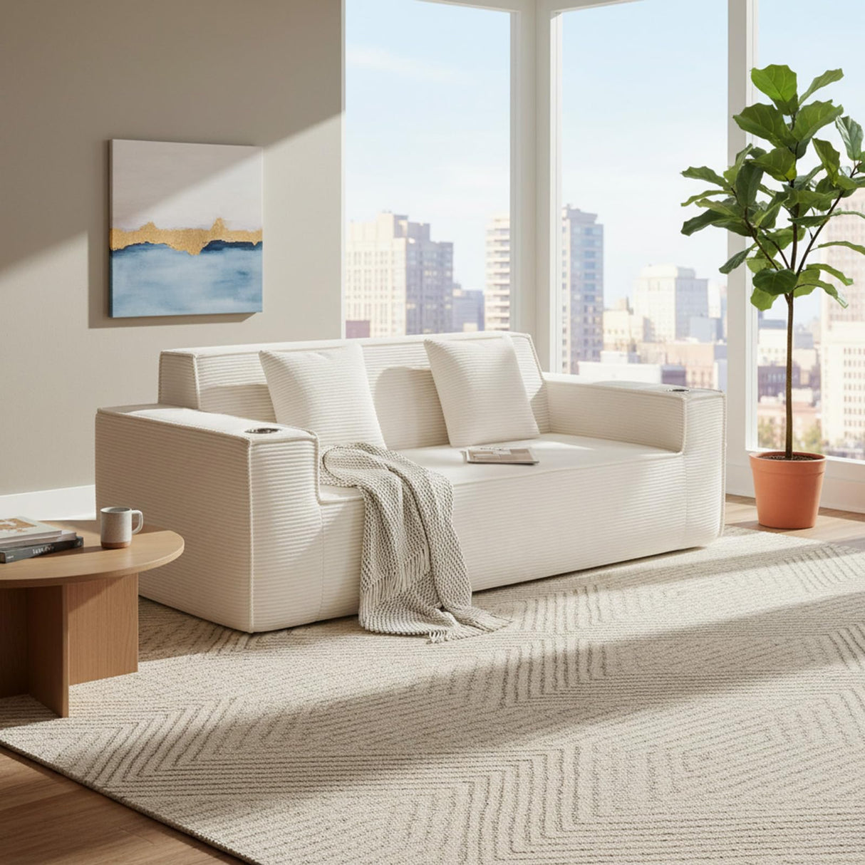 ATOMHOME 75'' Cloud Loveseat Sofa, Boneless Couch with Cup Holder, No Assembly Required Cloud Couch, Comfy Deep Seat Sofas, Corduroy Couches, Boneless Couches for Living Room Bedroom, Apartment, Beige ATOMHOME