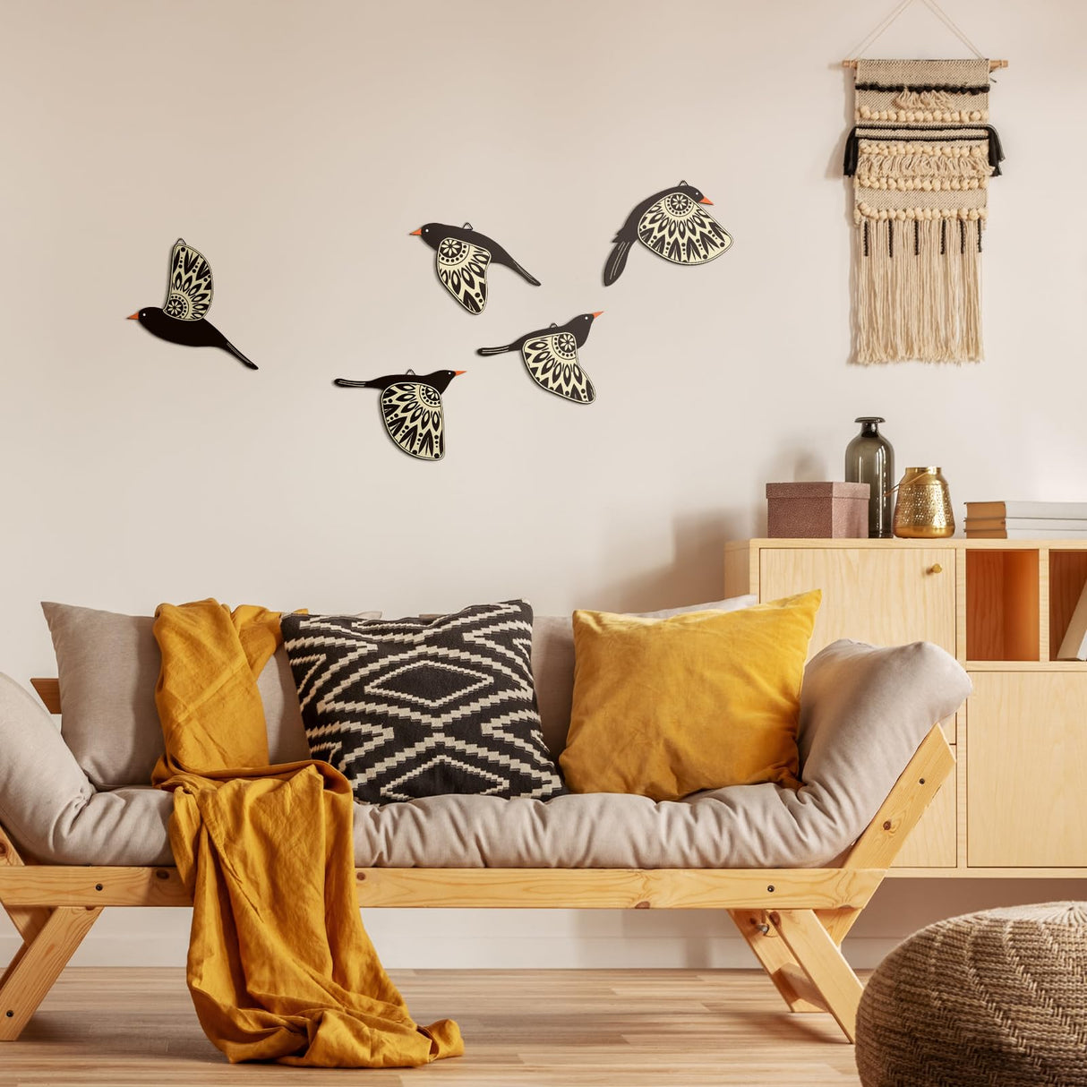 Barydat 5 Pcs Wooden Bird Wall Art Wood Flying Birds Wall Decor Rustic Folk Art Scandinavian Home Decor for Gift Living Room Bedroom Kitchen Office(Black) Barydat