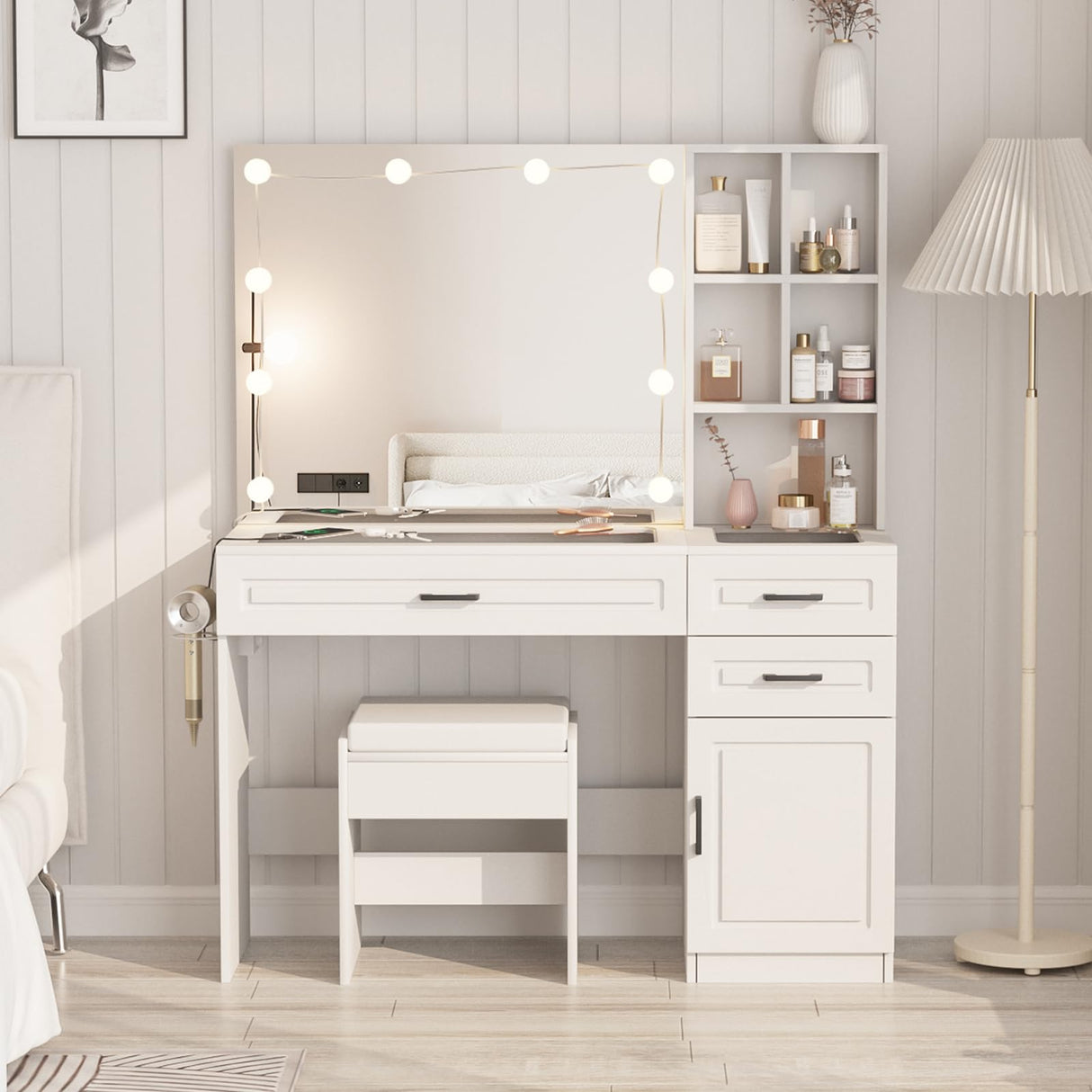 Fameill Vanity Desk with Lighted Mirror & Power Strip,Large Vanity Table with Glass top and Lots Storage,3 Drawer Makeup Desk with Hair Dryer Stand,3 Lighting Modes,White Fameill