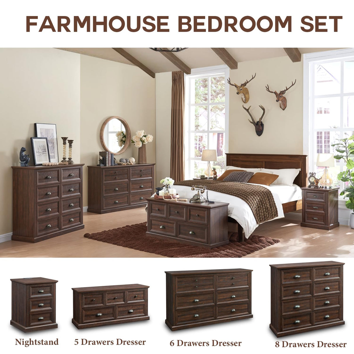 IFGET Farmhouse 8 Drawer Dresser for Bedroom, Tall Chest of Drawers, Chest of Drawers Organizer Storage, Wood Rustic Bedroom Dresser for Closet, Living Room, Hallway, Brown IFGET