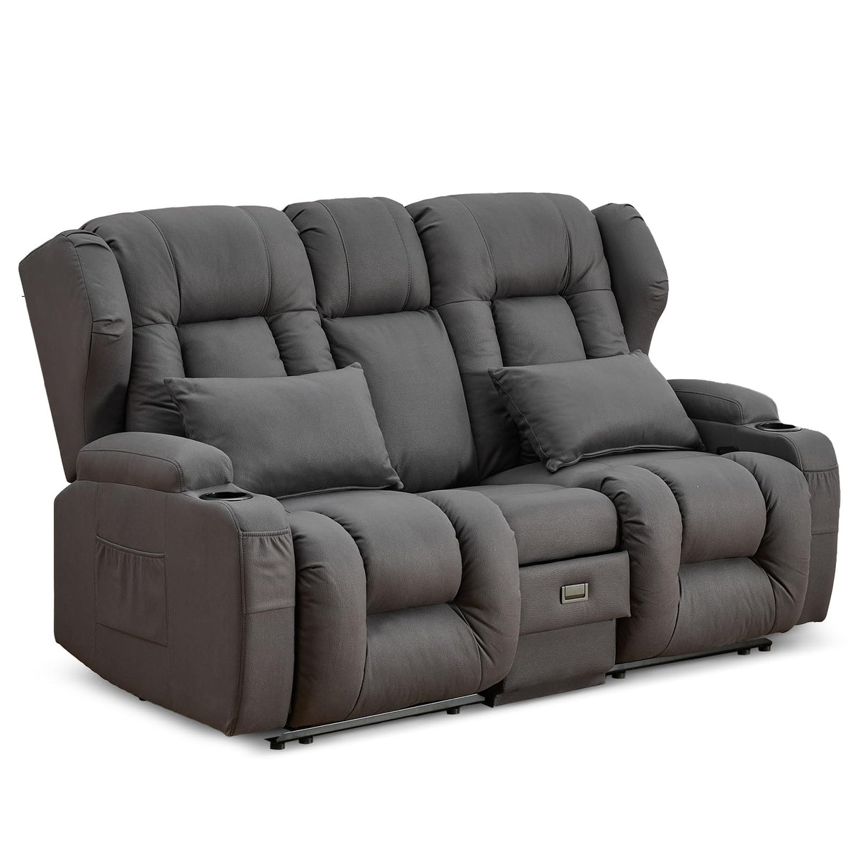 IPKIG 67" RV Loveseat Double Recliner Sofa with FILP Back Console, Storage Drawer, Side Pockets, Lychee Pattern Tech Fabric Manual Reclining Chair Home Theater Seating (Grey) IPKIG