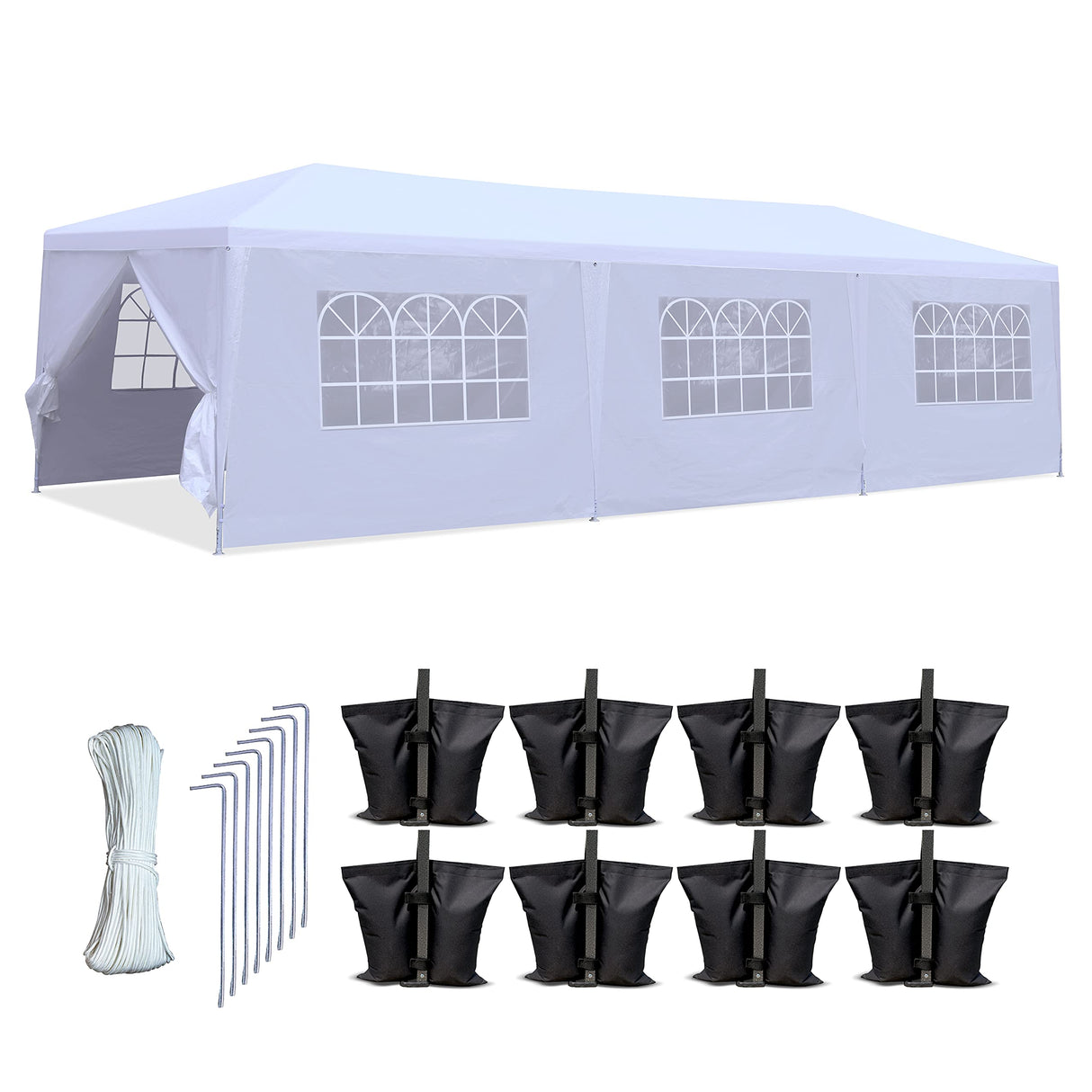 SereneLifeHome Pop Up Canopy Tent - 10x30 Portable Commercial Instant Shelter Foldable/Collapsible Sun Shade Waterproof Tent w/ 8 Walls - 8 Sand Bag, 8 Stake & Ropes White (SLTET30NG) SereneLife