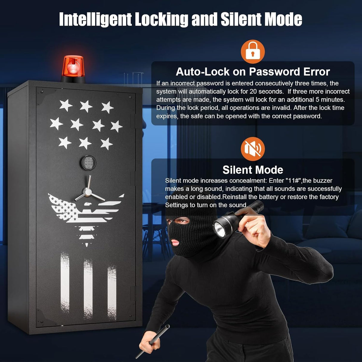 Large Rifle Safe, 30-40 Gun Safe for Rifle and Shotgun/Rifle Pistol Rack/Storage Pocket/Removable Shelf/Silent Mode/External Battery/LED/Key,180° Open Door Panel Organizer Unassembled Gun Safe TTSITG