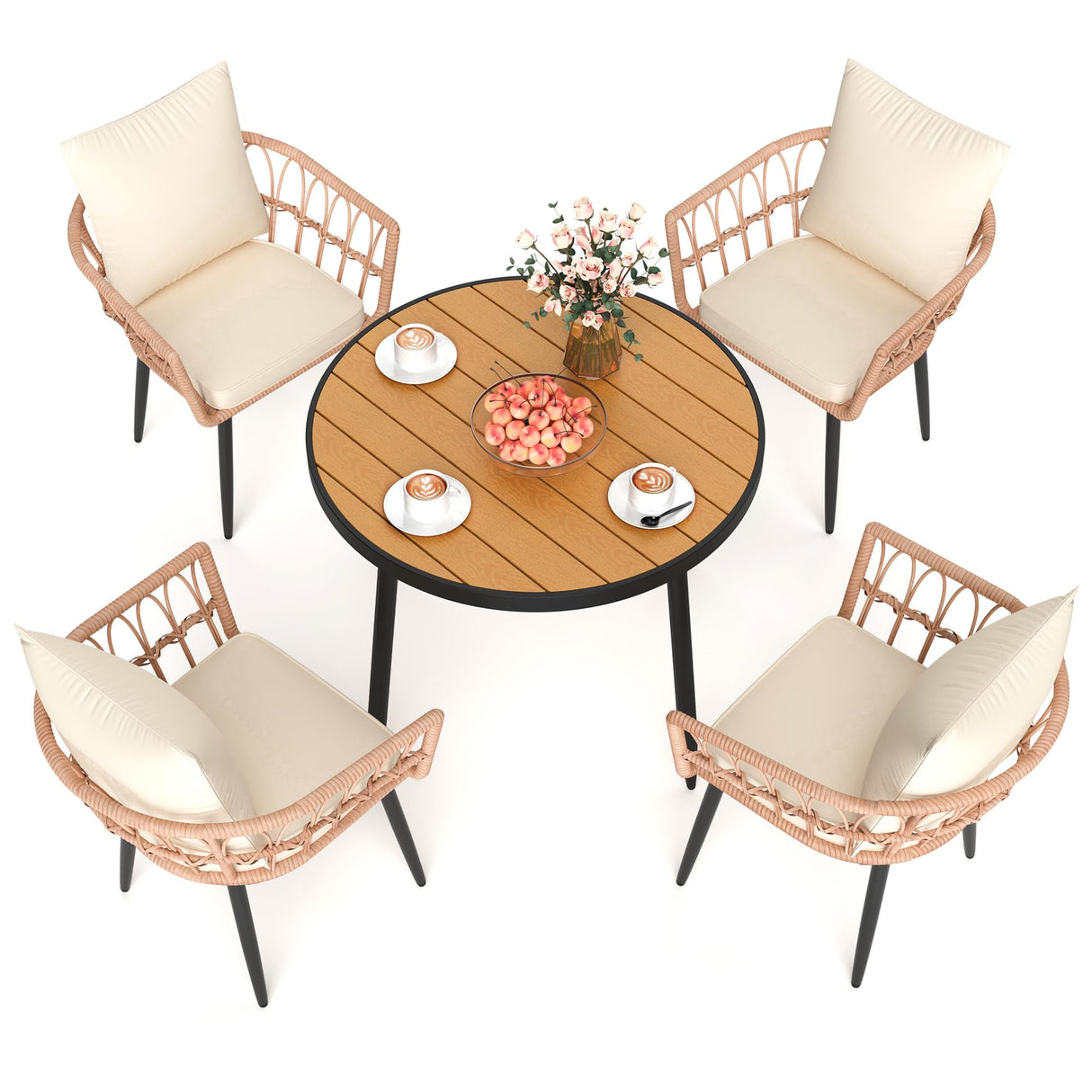 Pamapic 5 Pieces Patio Dining Set,All-Weather PE Rattan Patio Furniture Set with Wood Table Top, Outdoor Table and Chairs with Removable Cushion & Round Dining Table for Lawn Garden Patio, Cream Pamapic