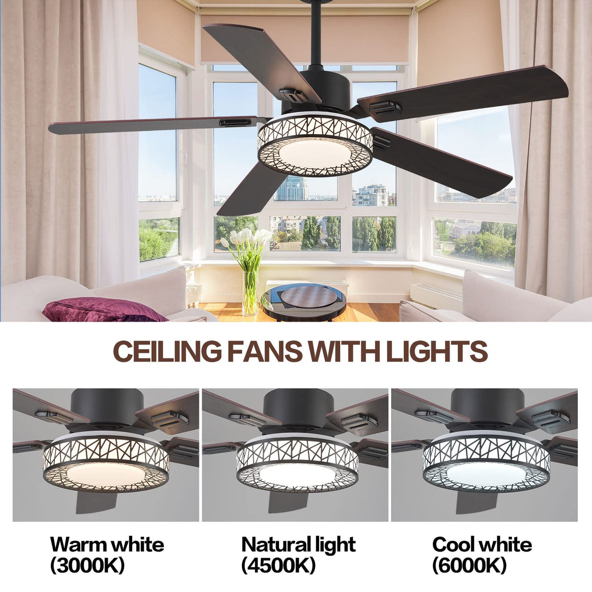 TRSIOPFC 52" Outdoor Ceiling Fan with Lights Remote Control,Dimmable Black Wooden Ceiling Fan with Reversible Quiet Motor 5 Blades 6 Speed For Patio Living Room, Bedroom, Office,Indoor Outdoor TRSIOPFC