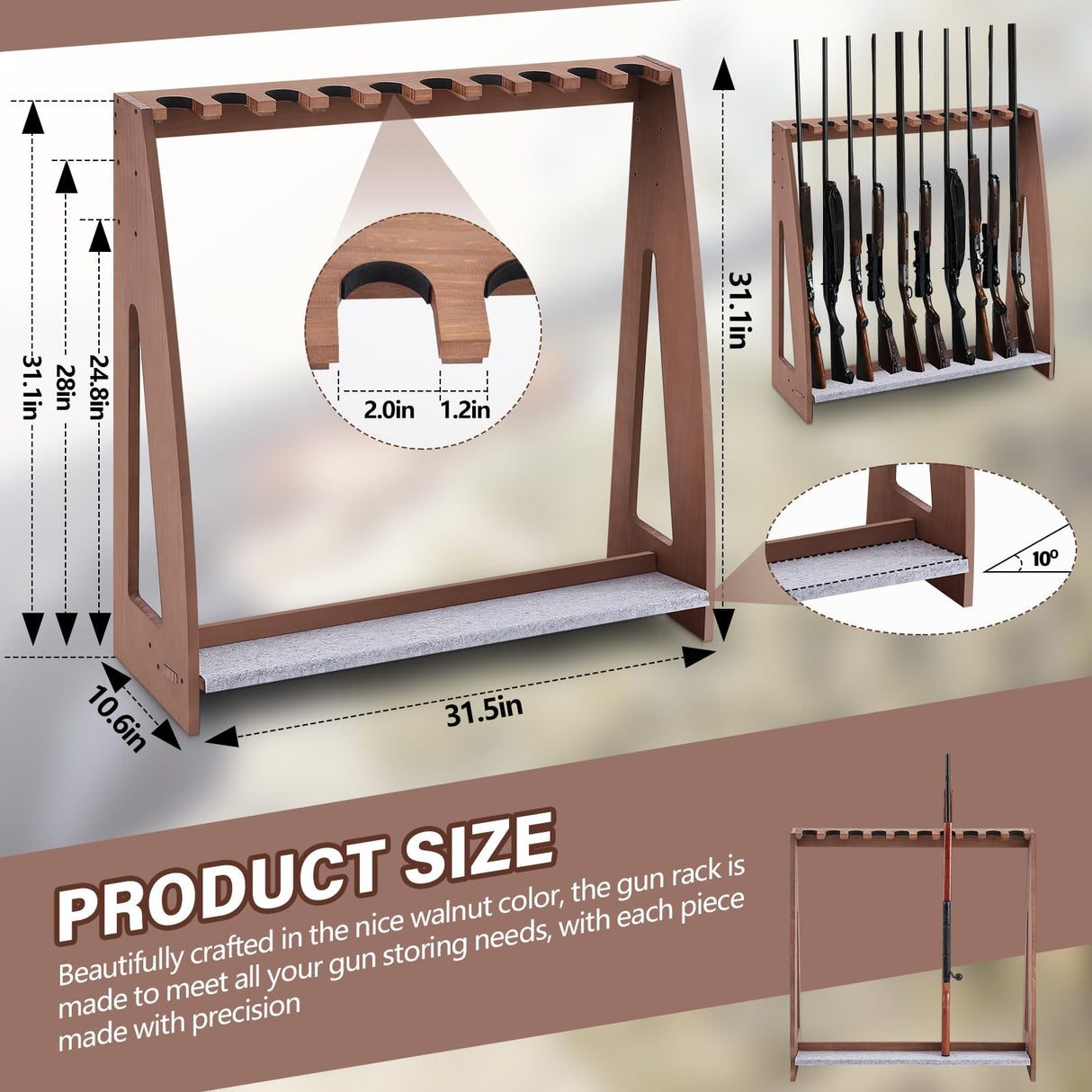 Yousoontic Indoor Gun Racks Freestanding Rifle Racks Gun Display Stand with Soft Padding Safe Heavy Duty Gun Storage for Cabinet Holder Accessories (Walnut,31.5 x 31.1 x 10.6 Inches) Yousoontic