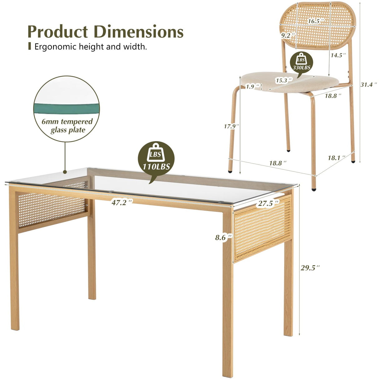 COSVALVE Boho Dining Table Chairs Set of 4, Tempered Glass Tabletop with Rattan Decor, Upholstered Cane Dining Chair with Rattan Back Metal Legs, for Dinner Living Room Reception COSVALVE