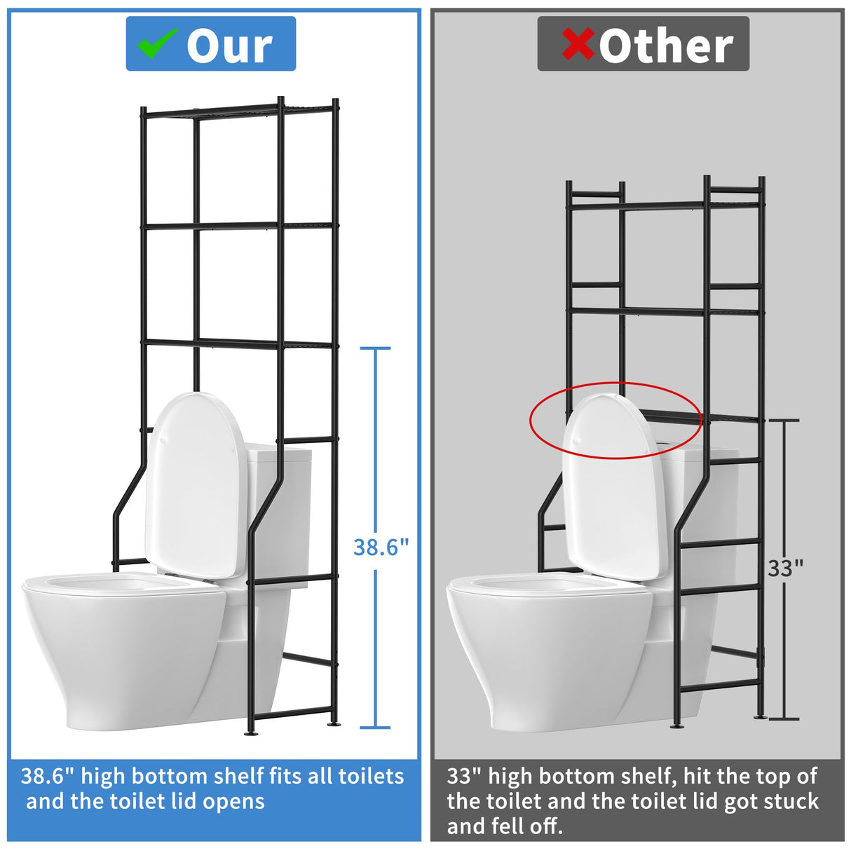 ASCENREST 3-Tier Over The Toilet Storage, Freestanding Metal Bathroom Shelves, Space Saver Above The Over Toilet Storage Shelf for Bathroom, Black ASCENREST