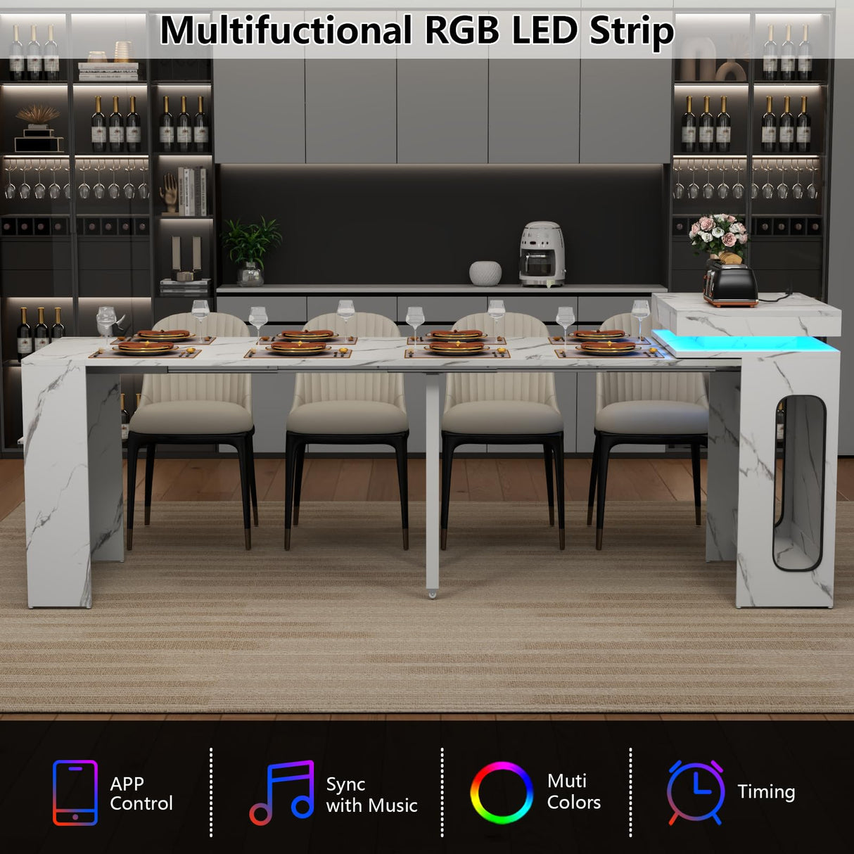 Extendable Dining Table with Charging Station & LED Lights, 19.7" to 98.4" White Faux Marble Dining Table, Rectangle Console Table for 2-8, Modern Space Saving Kitchen Island Table (No Chairs) Gyfimoie