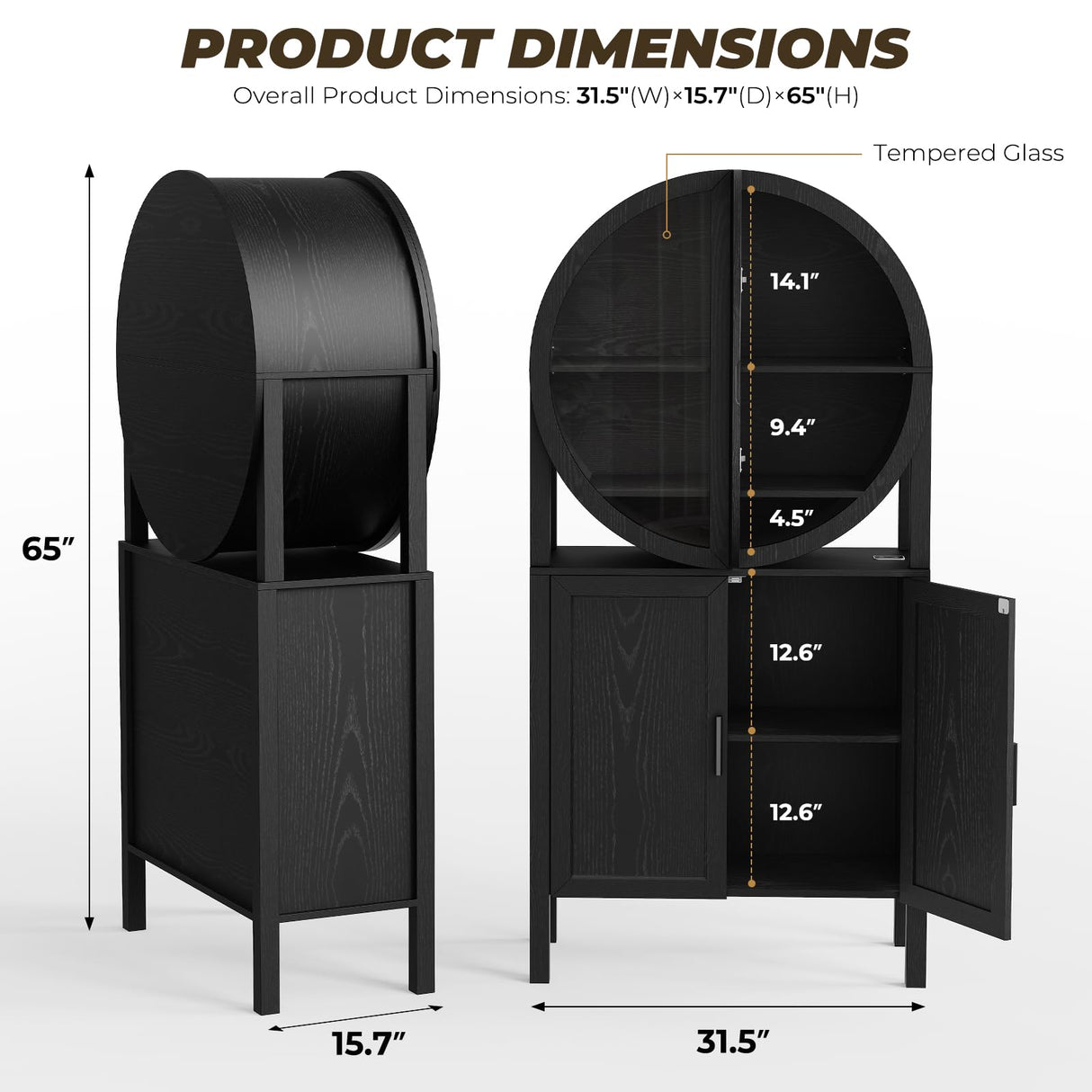 BROTTAR Rounded Kitchen Pantry, Bar Display Cabinet with LED Lights, 65" Tall Wine Storage Cabinet with Glass Doors & Shelves, Modern Liquor Cabinets for Dining Room, Kitchen, Living Room,Black BROTTAR