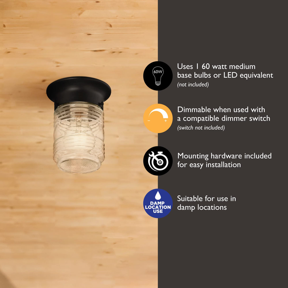 Design House 587220 Jelly Jar 1-Light Indoor/Outdoor Flush Mount Ceiling Light, Black Design House