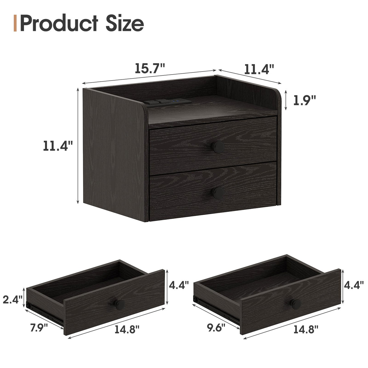 Vabches Floating Nightstand Set of 2 with 2 Storage Drawers and Charging Station Wood Wall Mounted Bedside End Table Modern Night Stands Set 2 for Bedroom,Living Room,Home Office,Small Space,Black Vabches