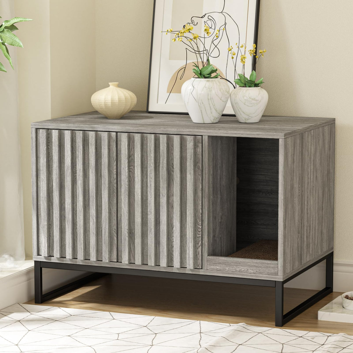 Halitaa Litter Box Enclosure, Modern Cat Litter Box Enclosure Furniture Hidden Litter Box with Cat Scratch Pad, Cat Washroom Cat House End Table, Entryway Bench for Livingroom (Grey) Halitaa