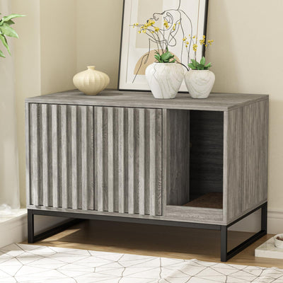 Halitaa Litter Box Enclosure, Modern Cat Litter Box Enclosure Furniture Hidden Litter Box with Cat Scratch Pad, Cat Washroom Cat House End Table, Entryway Bench for Livingroom (Grey)