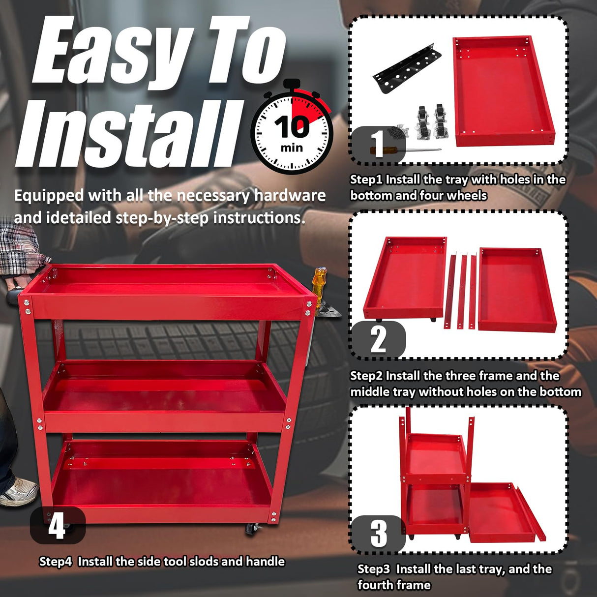 YATOINTO Updated Rolling Tool Cart 330LBS Metal 3 Tier Rolling Cart Carts with Wheels Heavy Duty Utility Carts, Ergonomic Handle Rolling Mechanic Tool Cart Storage Organizer for Warehouse Garage YATOINTO