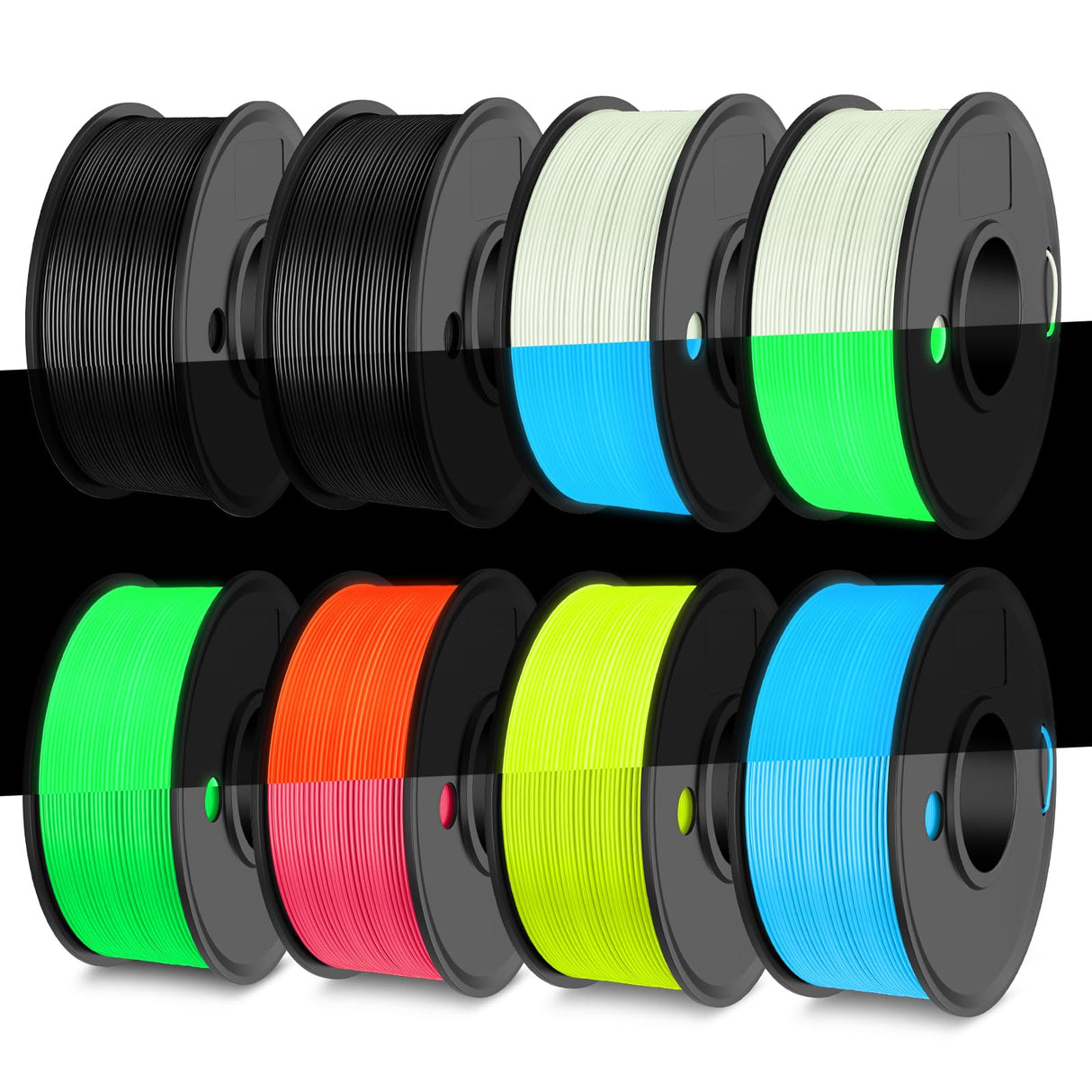 TECBEARS Glow in The Dark Petg Filament,Neatly Wound 3D Printer Filament Bundle,250g/Spool, 8 Packs (2 Spool of Black Petg and 6 Spool of Glowing Blue/Green/Red/Yellow) TECBEARS