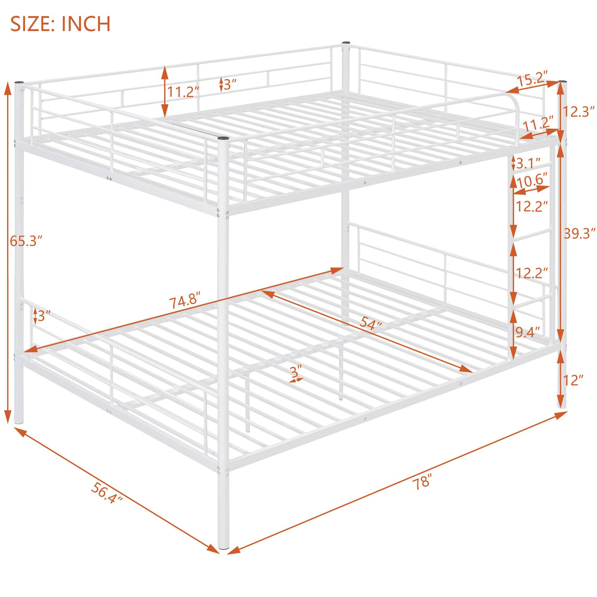 Merax Full Over Full Metal Bunk Bed with Ladder and high Guardrail, Able to Split, Storage Space, No Box Spring Needed, Noise Free, White Merax