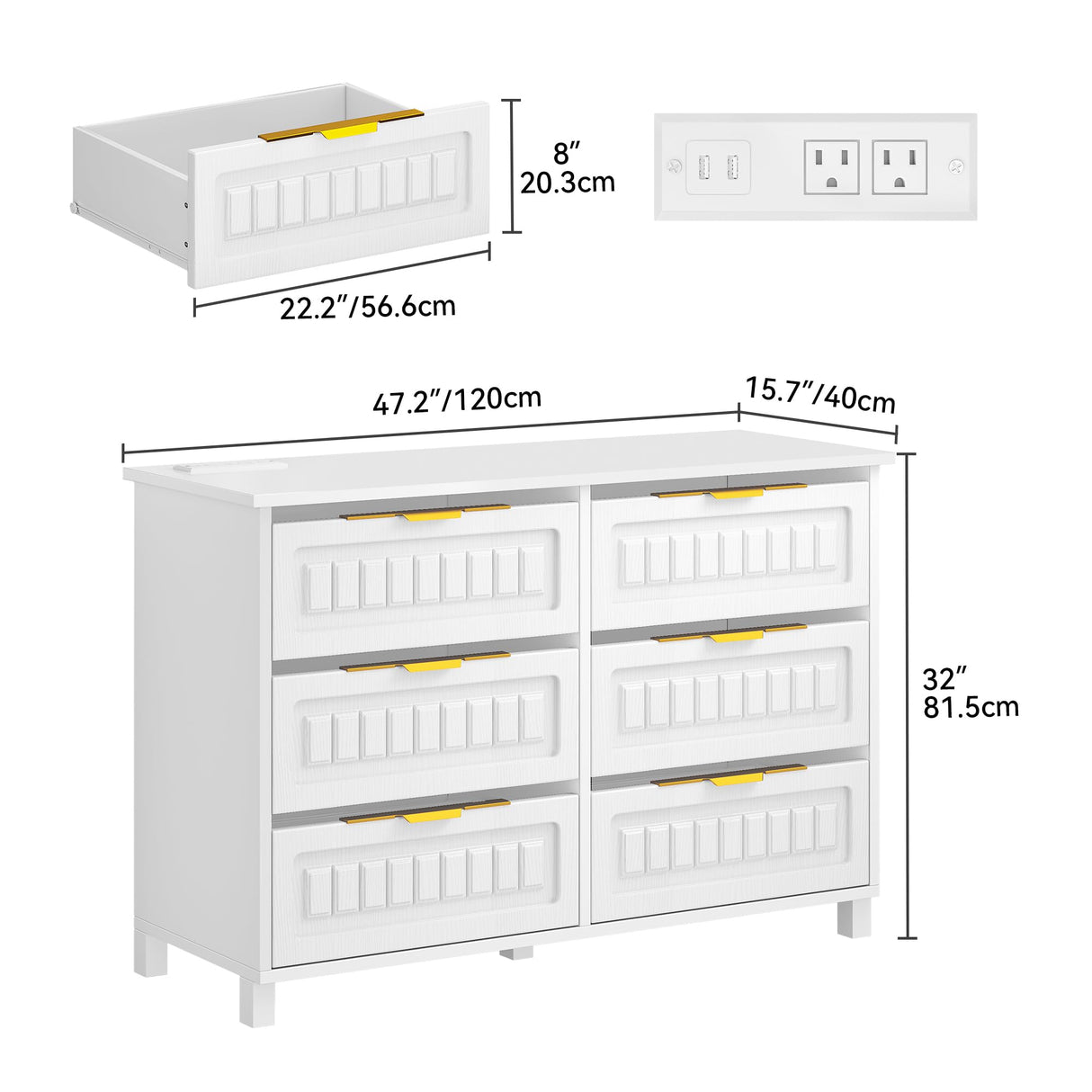 DWVO 6-Drawer Dresser, White Wood Dresser with Charging Station and LED RGB Light, Chest of Drawers Storage Organizer TV Stand for 60'' TV, Living Room, Closet, Entryway DWVO