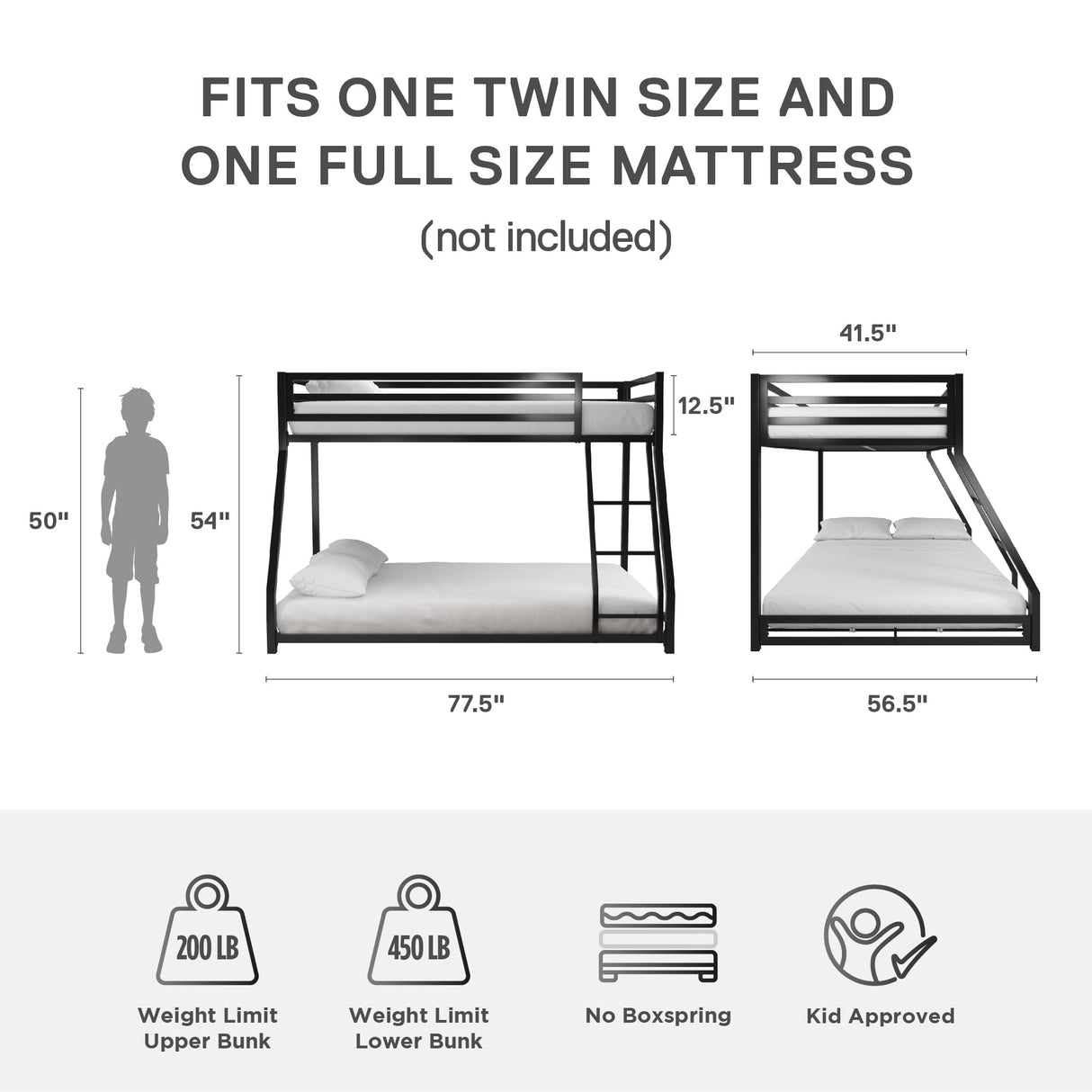 DHP Miles Low Metal Bunk Bed Frame for Kids, With Built-in Ladder, High Guardrail and Metal Slats, Floor Bed Bottom Bunk, No Boxspring Required, For Small Spaces, Twin-Over-Full, Black DHP