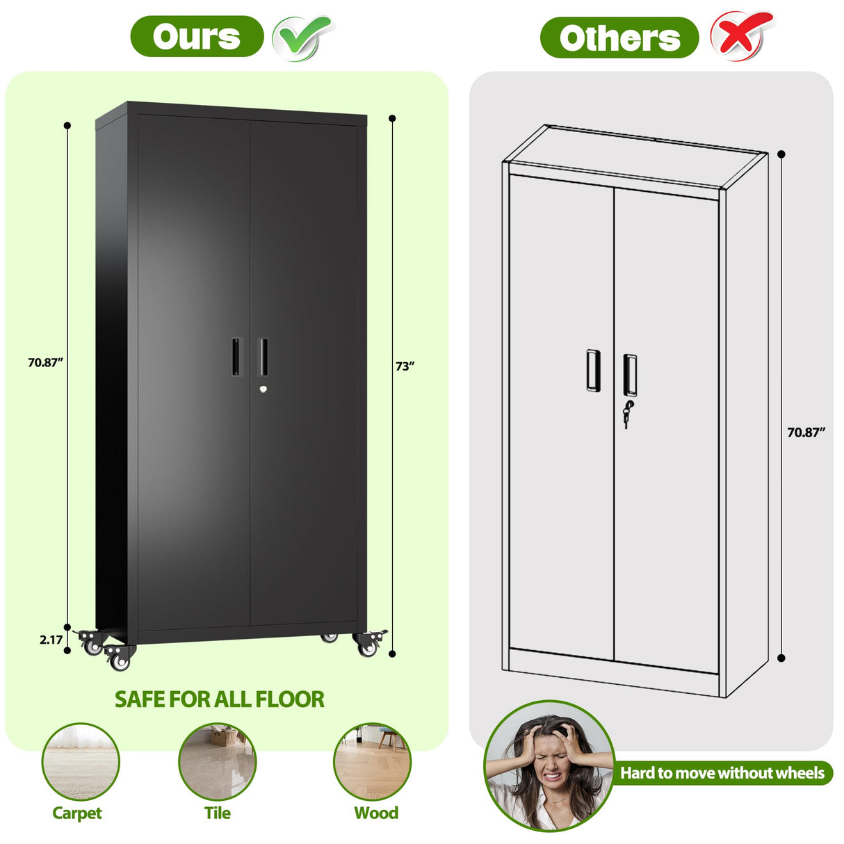 Aobabo 73" H Metal Storage Cabinet with Wheels, Locking Garage Tool Cabinet with 4 Shelves, Black, Assembly Required Aobabo