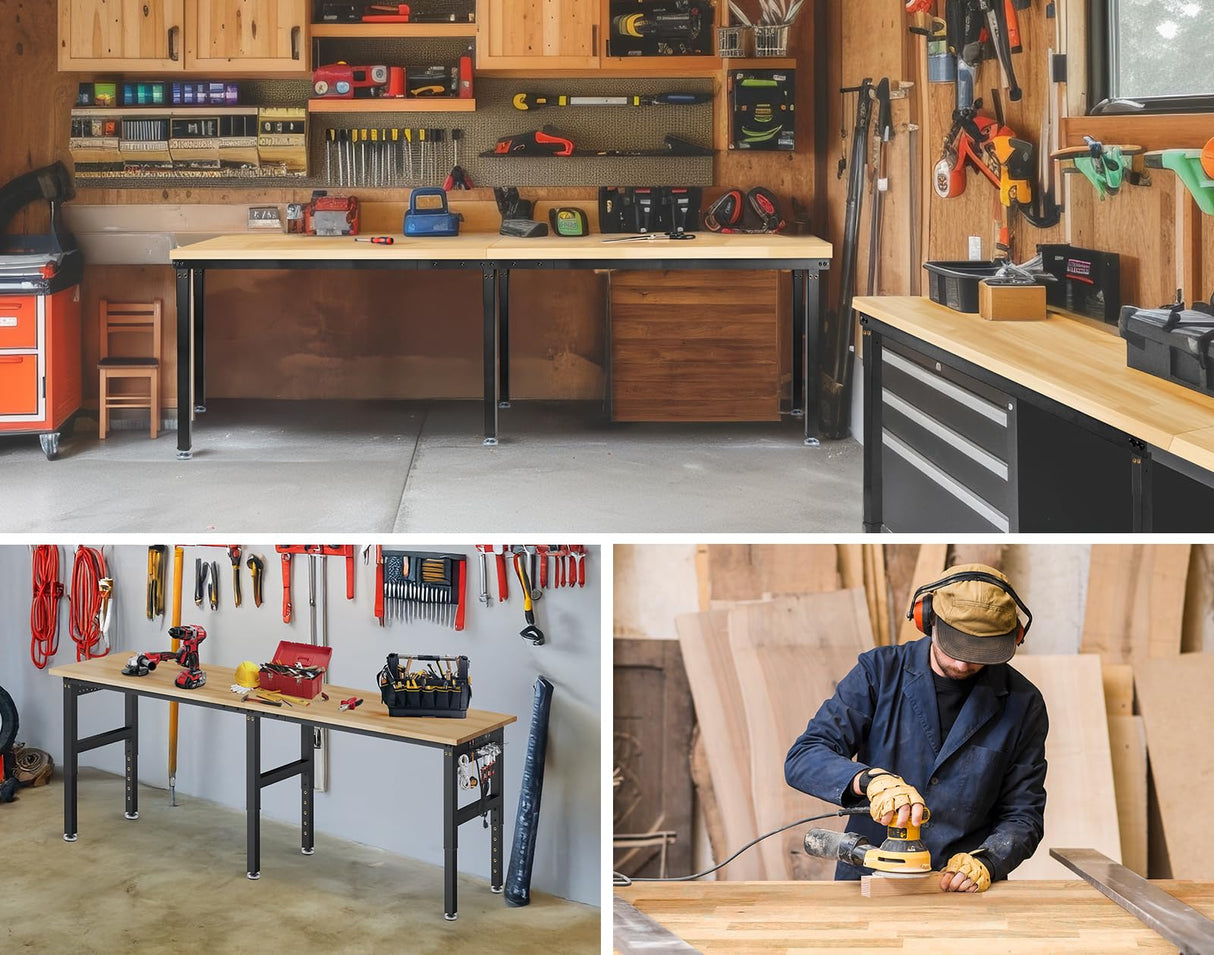 MUWOOD 96”Adjustable Work Bench, 5000 LBS Capacity Heavy Duty Workbench with Power Outlet & Pegboard, Rubber Wood Work Table for Garage, Workshop, Office, Home MUWOOD