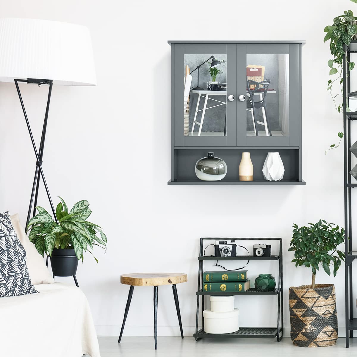 Tangkula Bathroom Medicine Cabinet with Mirror, Wall Mounted Wooden Hanging Organizer with Doors and Shelves, Bathroom Wall Mirror Cabinet (Mirror Doors, Gray) Tangkula