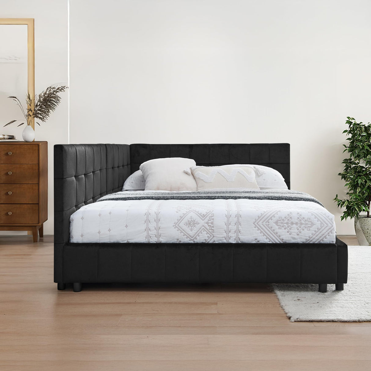 EYATZO Full Size Daybed L-Shaped, Modern Velvet Upholstered Sofa Day Bed Frame with Wood Slats for Living Room Bedroom Guest Room, No Box Spring Needed, Black EYATZO