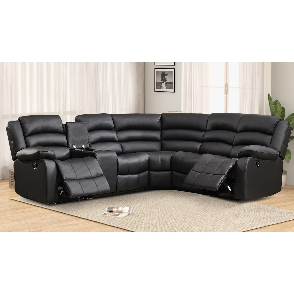 EBELLO Faux Leather L-Shaped Reclining Sectional Sofa Couch, Manual Recliner Sofa, with Cup Holders, Storage Space, a Convertible Backrest 5 Seats Home Furniture Set for Living Room, Black EBELLO