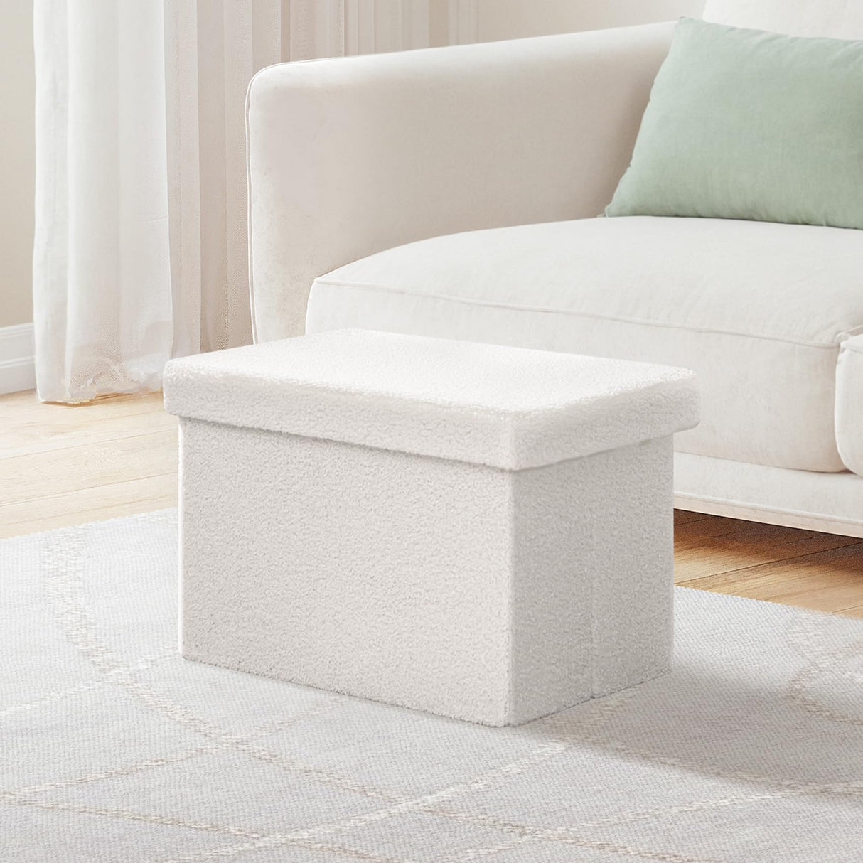 B FSOBEIIALEO Storage Ottoman Cube Small Sherpa Ottoman Foot Rest, Foldable Portable Boucle Ottomans, Faux Teddy Fur, White 16.5"x12.6"x12.6" B FSOBEIIALEO