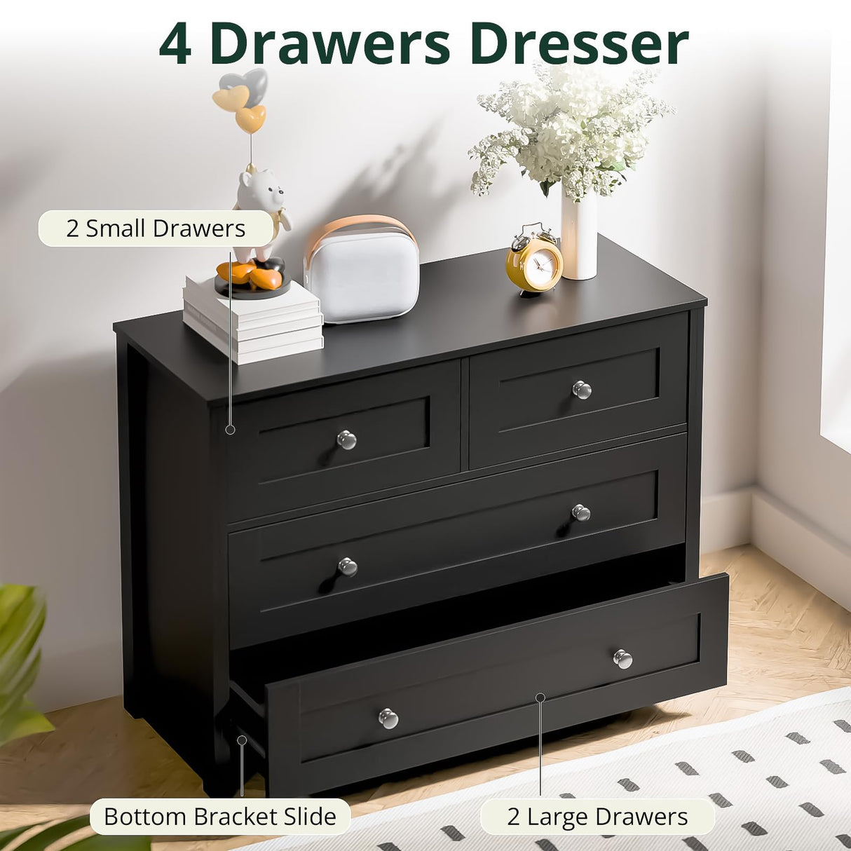 SunsGrove 40 inch Wide 4 Drawer Dresser, Modern Black Wooden Chest for Home Organization, Storage Cabinet for Bedroom, Living Room, Home Office SunsGrove