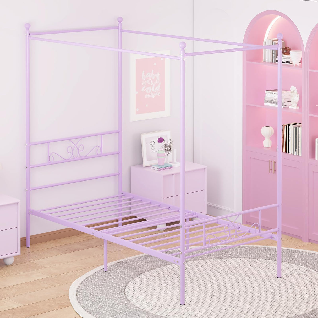 Weehom Twin Canopy Bed Frame with Headboard and Footboard, 4 Posters Metal Bed Frame, No Box Spring Needed, Mattress Foundation Platform Bed for Kids and Adults, Purple Weehom