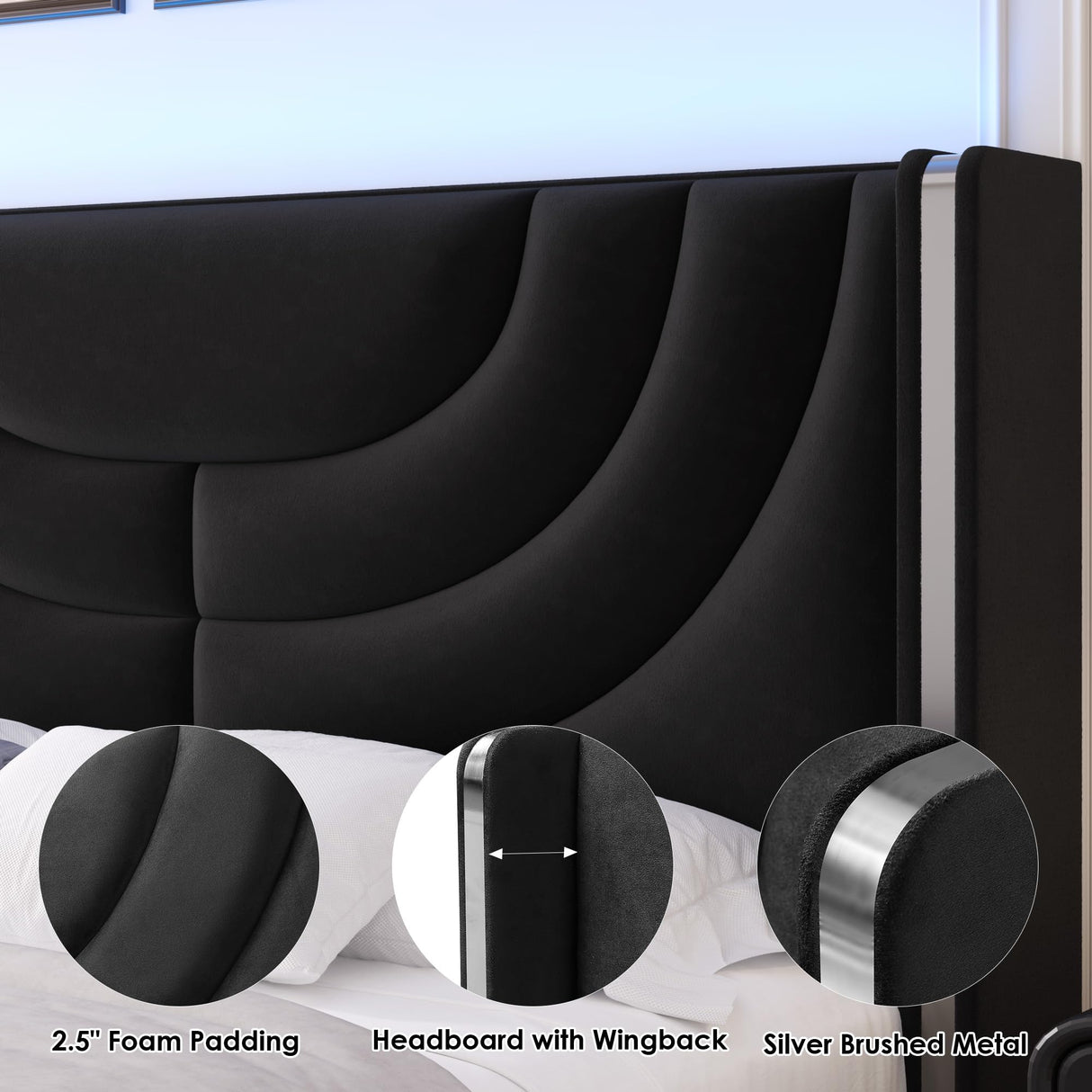 HITHOS Modern Velvet Upholstered LED Bed Frame with Storage Drawers and Wingback Headboard HITHOS