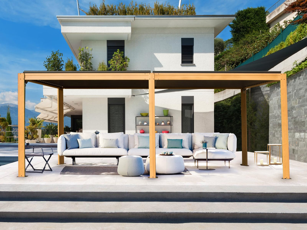 SHPAI 10’ x 20’ Louvered Pergola, Outdoor Pergola Aluminum Frame with Adjustable Rainproof Metal Roof, Permanent Sun Shade with Drainage System for Backyard, Garden and Lawn (Wooden Grain) SHPAI