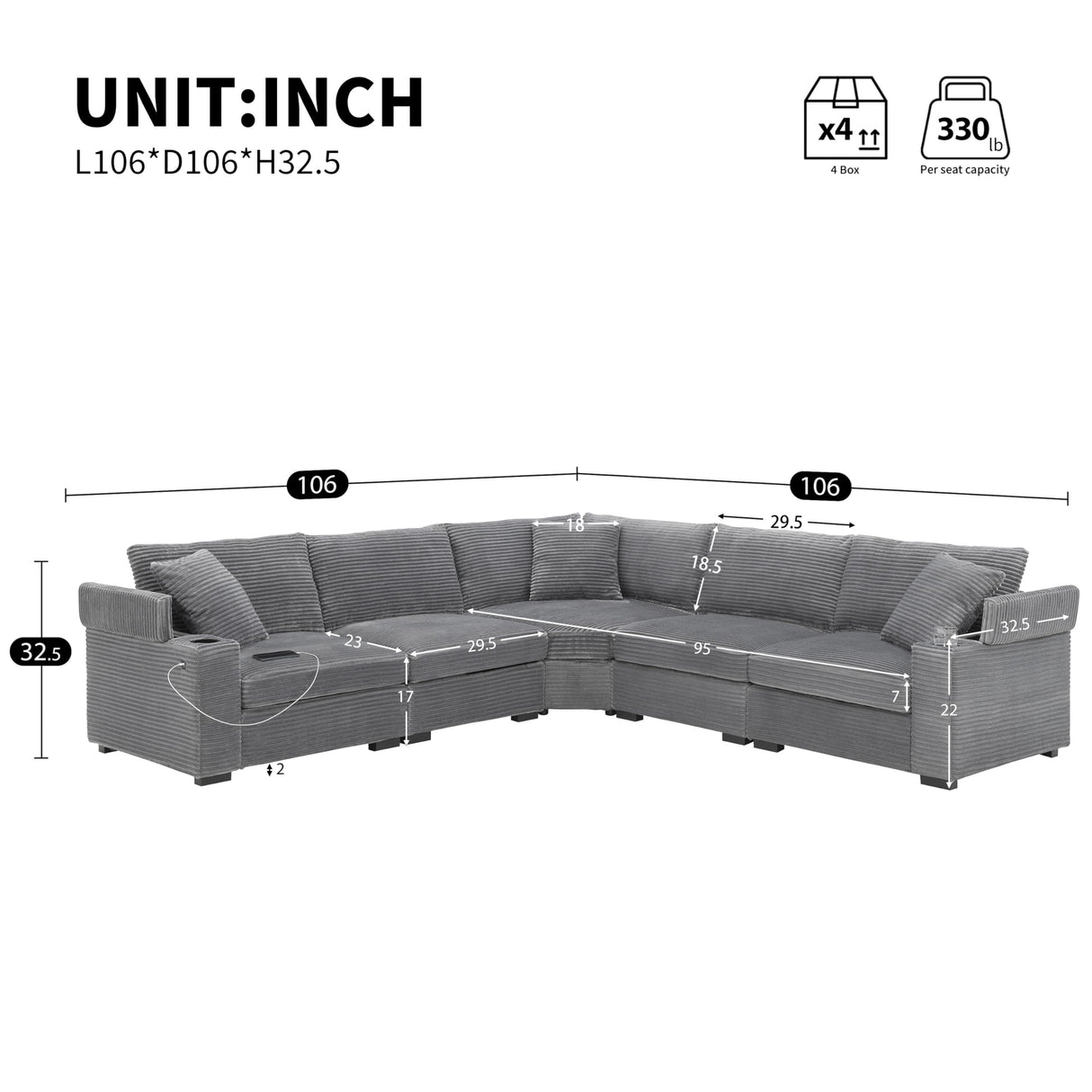 Merax 106" Corduroy Sectional Corner Sofa with Cup Holders & USB Charger, 5 Seat Convertible L Shaped Couch Set with Armrest Storage, Oversized Comfy Modular Sofabed for Living Room & Apartment, Gray Merax