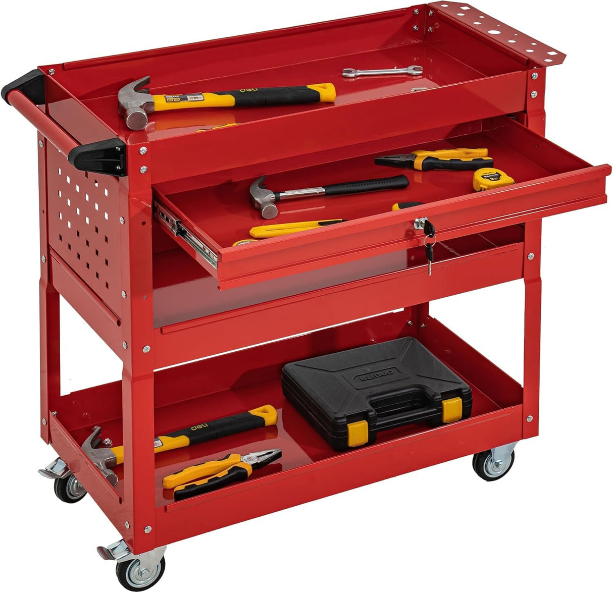 SUN & SUMMER 3-Tier Rolling Tool Chest with Wheels Tool Storage Organizer Cabinets with Lockable Drawers Tool Box with Adjustable Shelf Tool Chest on Wheels for Workshop Garage Warehouse(Red) SUN & SUMMER