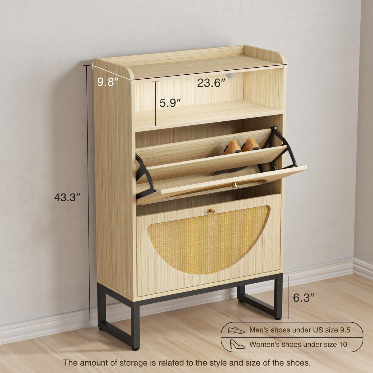 FiveWillowise Shoe Storage Cabinet, Rattan Shoe Cabinet with 2 Flip Drawers & Sensor Light for Entryway, Narrow Free Standing Shoe Racks for Entryway, Hallway, Home, Beige FiveWillowise