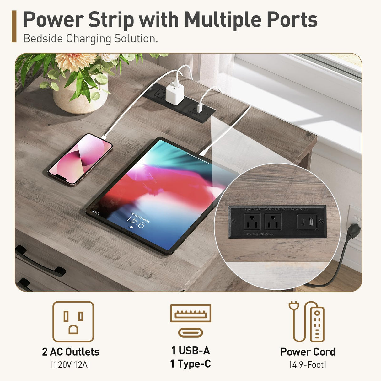 RALGEND Farmhouse End Table with Charging Station, 24'' Sofa Side Table with 2 Drawers and Barn Door, Large Rustic Wooden Square Nightstand for Bedroom, Living Room, Greige RALGEND