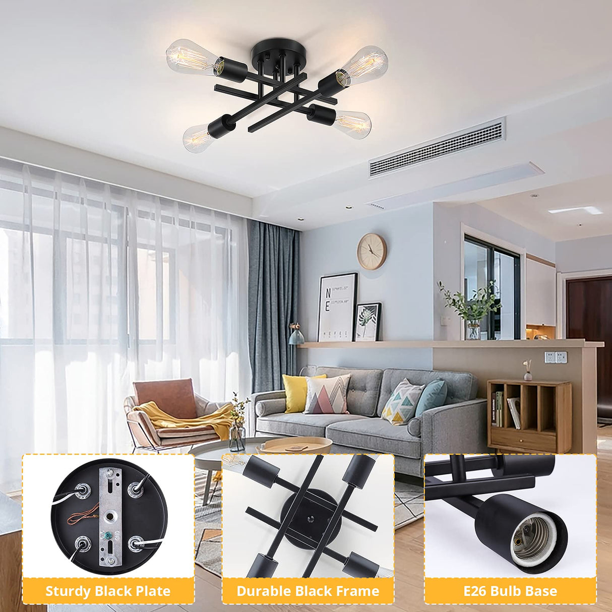 SunRider Industrial 4-Light Semi Flush Mount Ceiling Light Fixture, Modern Farmhouse Lights Matte Black, Rustic Sputnik Chandelier for Bedroom Foyer SunRider